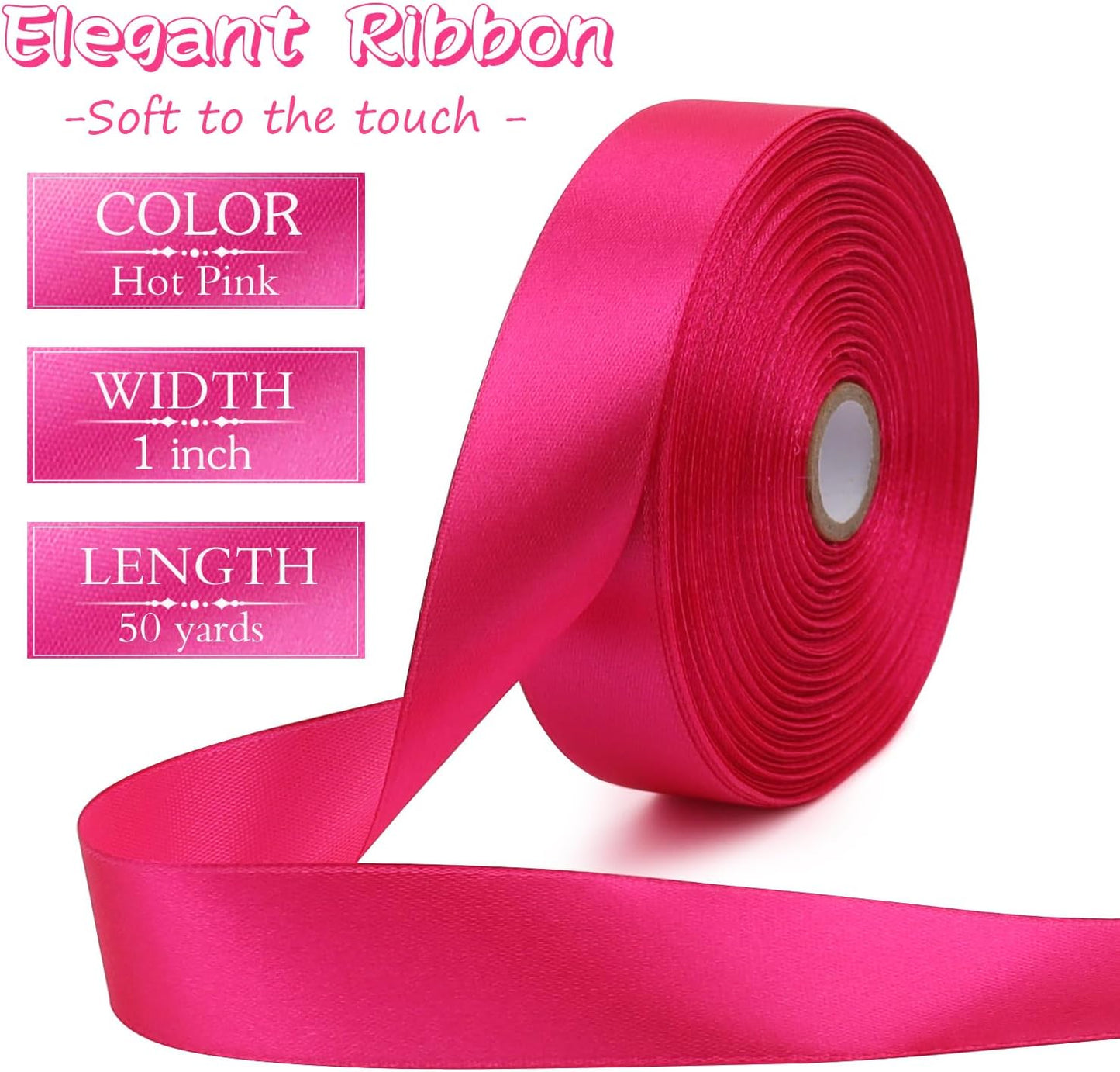 Hot Pink Solid Satin Ribbon 1 Inch 50 Yards Solid Polyester Fabric Ribbon for Gift Wrapping Wedding Christmas Baby Shower Birthday Party Decoration Handmade Immortal Flower Craft