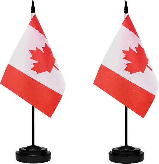 Canada Canadian Deluxe Desk Flag Set Small Mini Miniature CA Canadian Table Desktop Flags With Solid Pole, Black Base and Spear Top(2 Pack)
