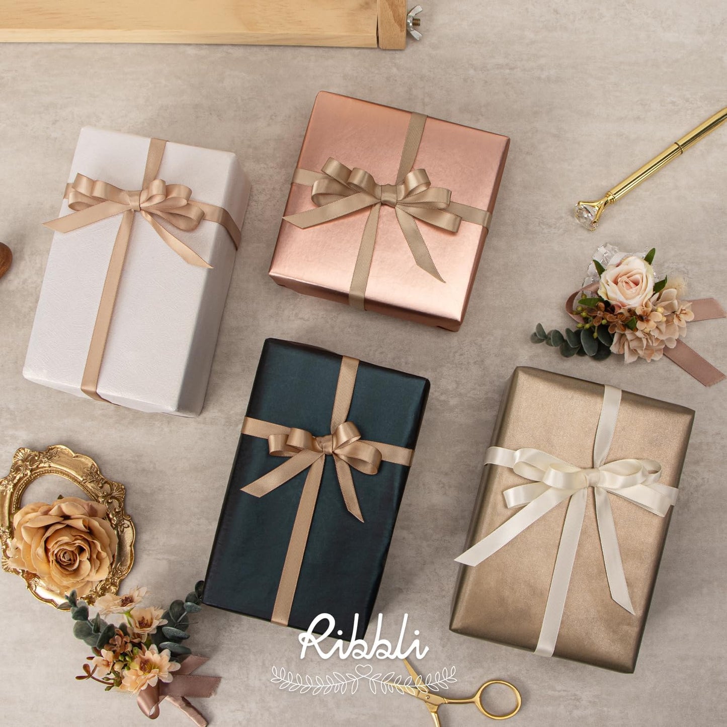 Ribbli Champagne Satin Ribbon 3/8 Inch x 4 Rolls Total 40 Yards-Ivory Champagne Ribbon for Gift Wrapping Craft Wedding Decoration