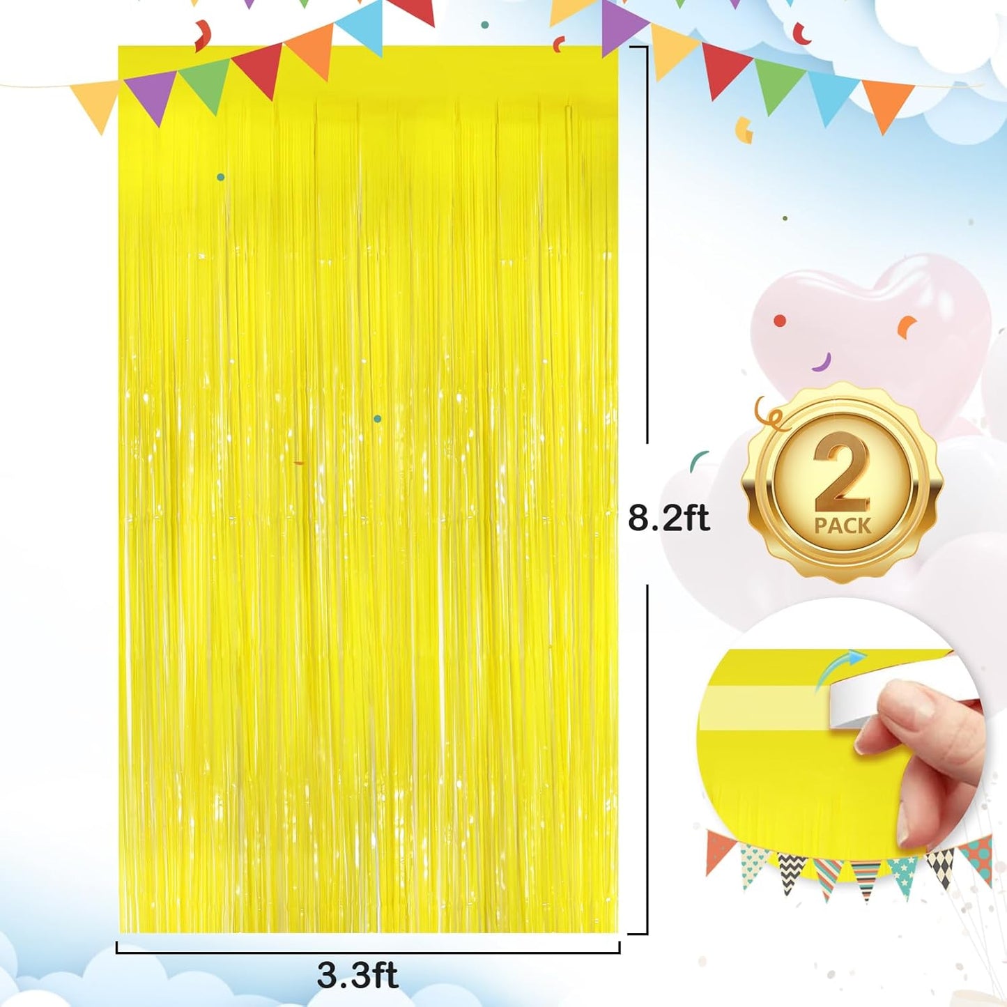 Macaron Yellow Metallic Tinsel Foil Fringe Curtains, 2Pack 3.3x8.3 Feet Streamer Backdrop Curtains for Birthday Wedding Party Decorations, Halloween Decor, Foil Curtain Backdrop for Bachelorette Party