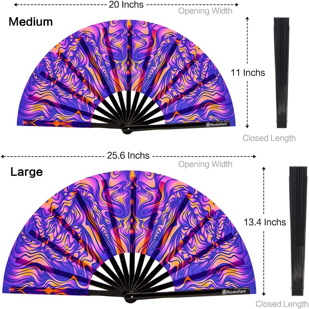 UV Glow Rave Fan, Bamboo Folding Clack Hand Fans Foldable for Men Women, Boots on the Ground Poping Fan for EDM Festival Line Dance Decoration, (Wellen, Medium 11")