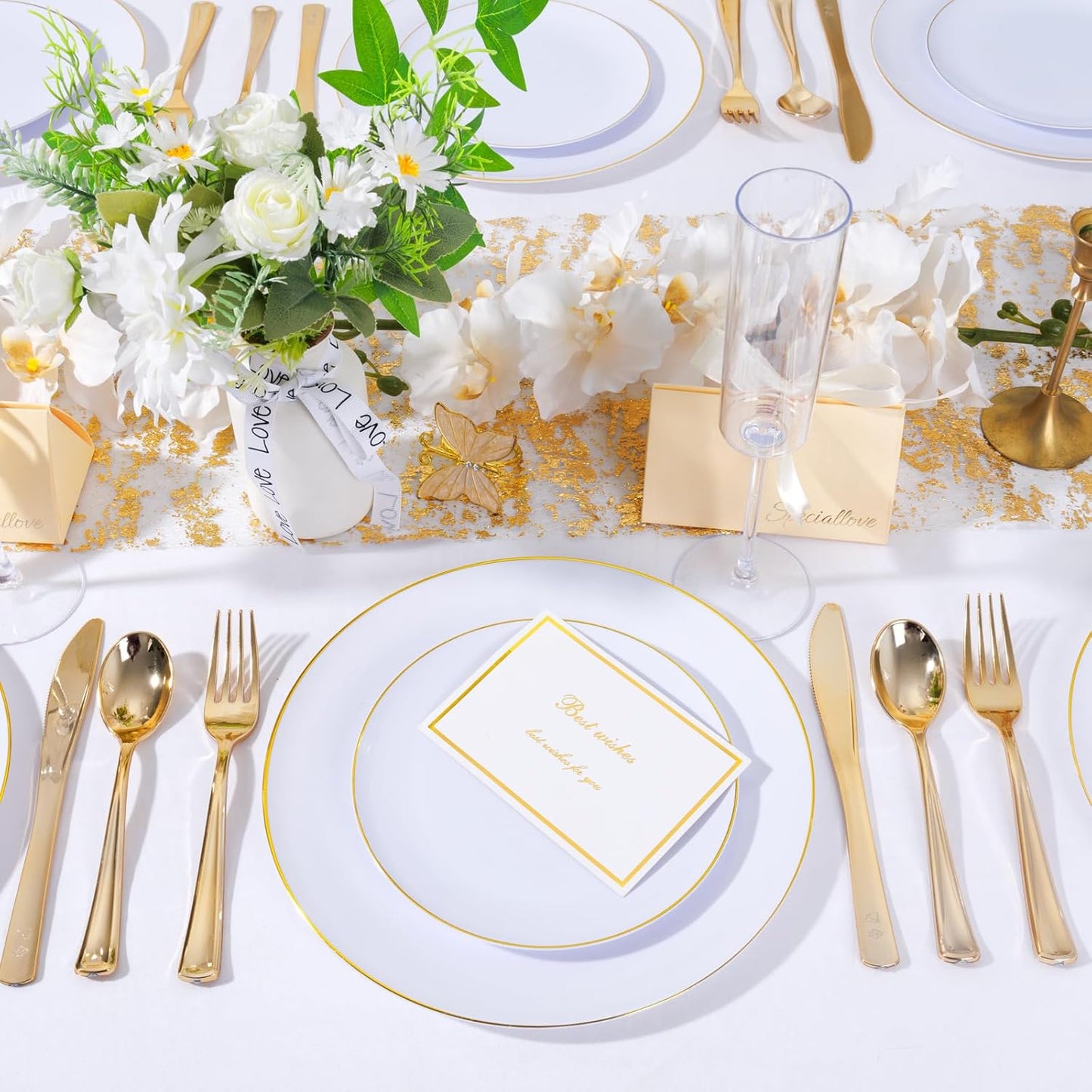 KIRE 200PCS Gold Plastic Plates - Disposable Plates for Party - White Plastic Plates with Gold Rim Include 100 for Dinner and 100 for Dessert/Salad in Wedding/Thanksgiving
