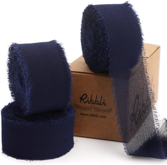 Ribbli Navy Ribbon 1 Inch x 3 Rolls Total 24 Yards Handmade Fringe Chiffon Silk Ribbon for Wrapping Wedding Invitations Bridal Bouquets DIY Crafts Home Decor