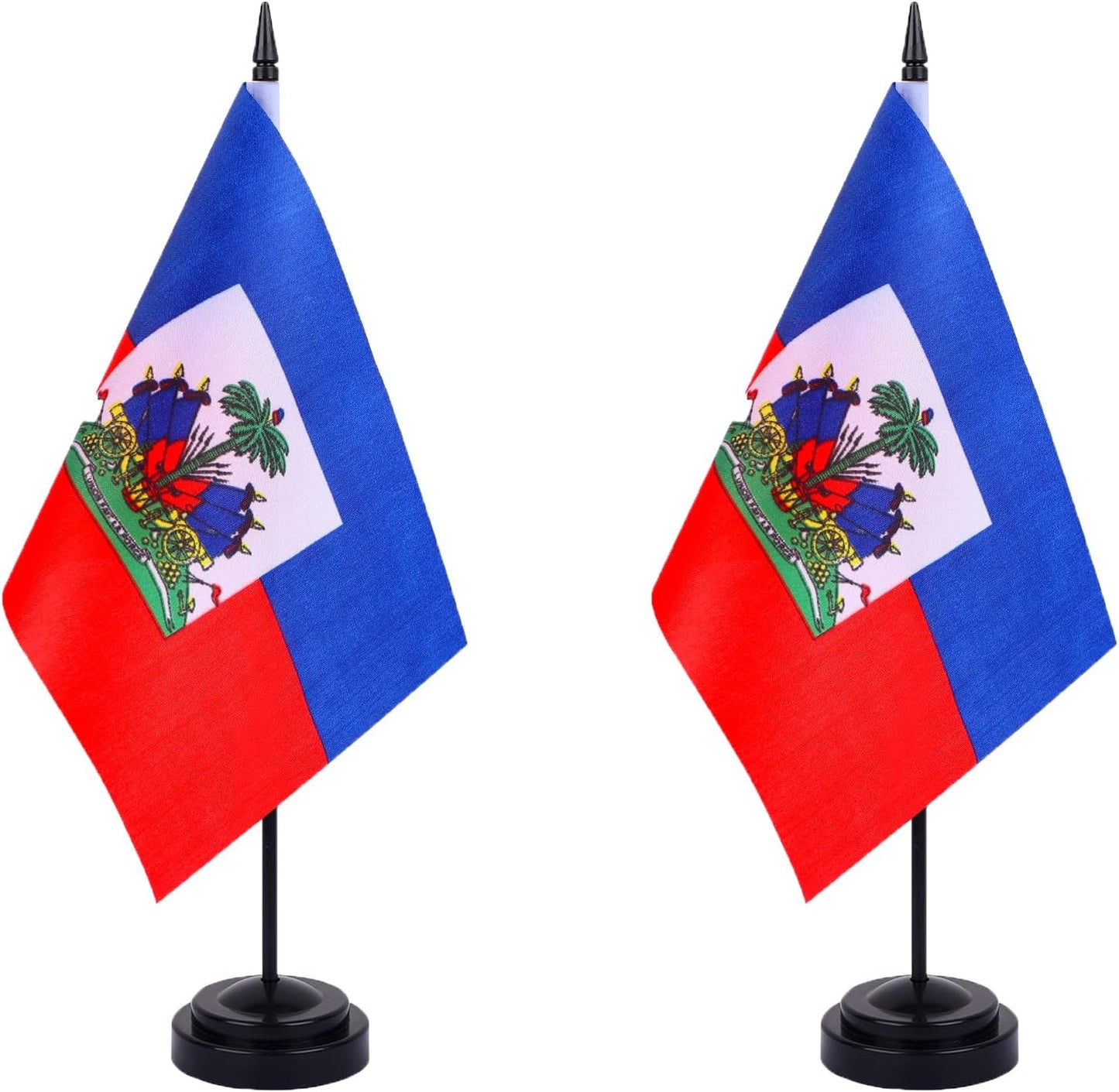 WXTWK 2 Pack Haiti Flag Haiti Deluxe Desk Flag Set - Mini Small Haitian Table Office Flags with Black 12" Solid Pole Stand Base Classroom Meeting Desktop Decorations