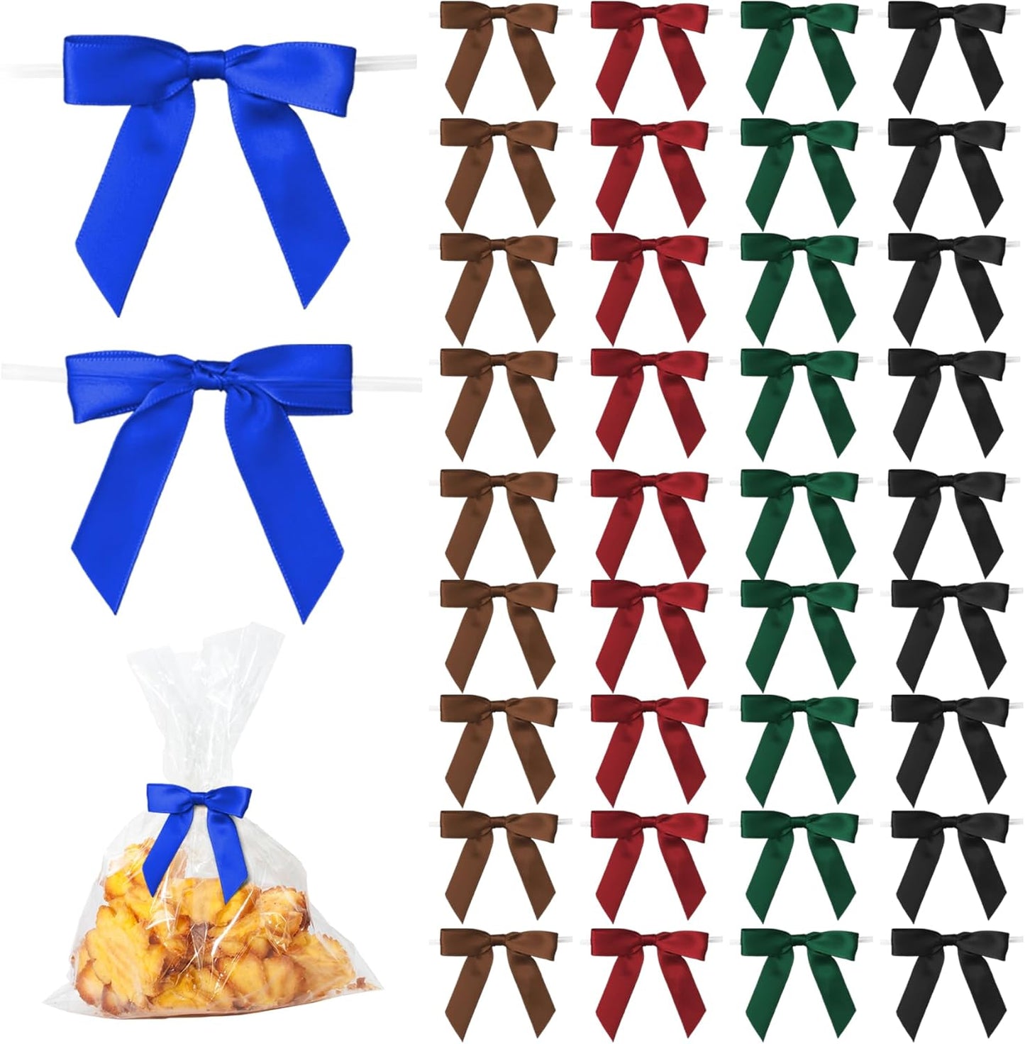 50Pcs Mix 5 Colors Twist Tie Bows for Gift Wrapping 2.5" Satin Ribbon Bow for Treat Bags Cake Balloons Birthday Party Favors Wedding Decorations - Dark