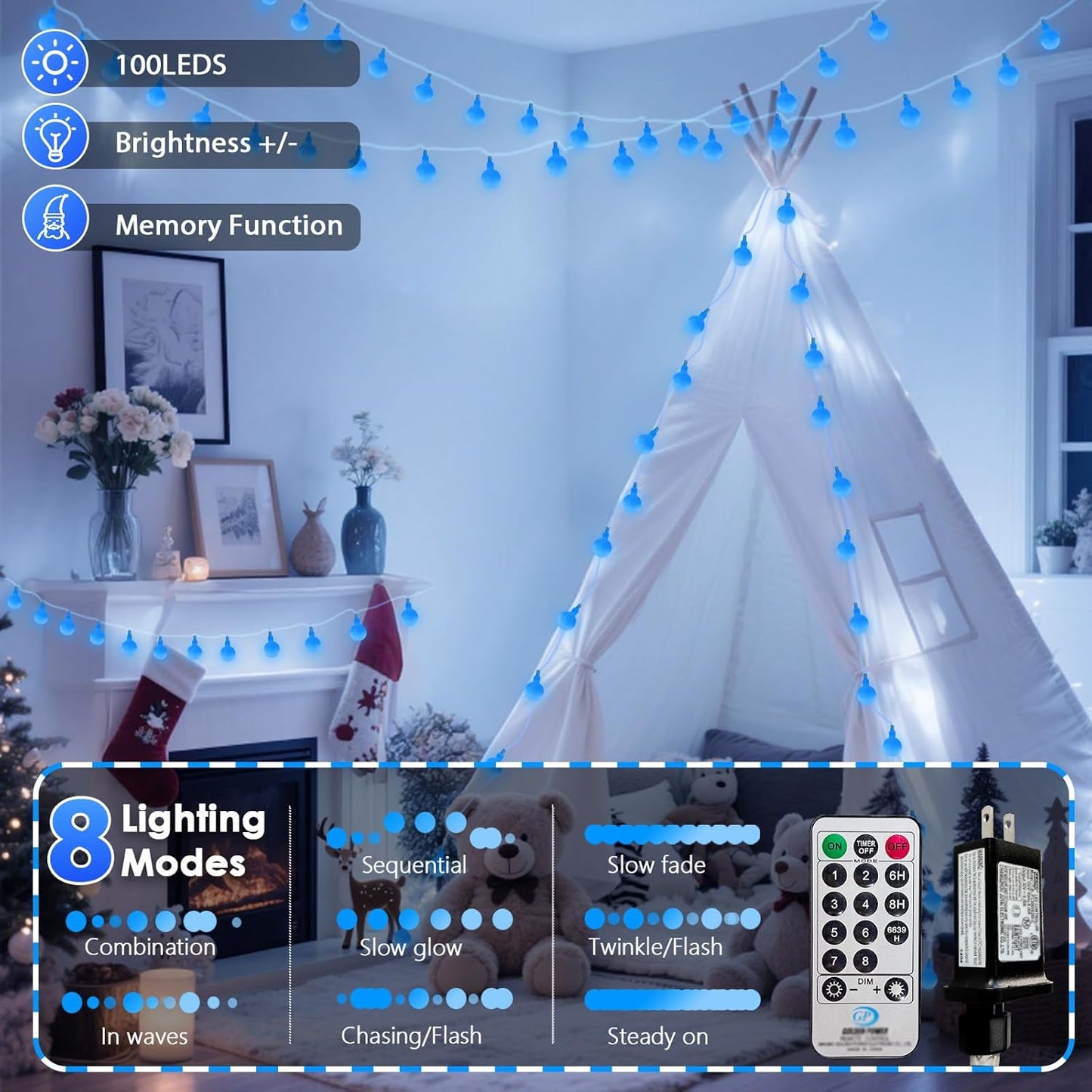 100LED Blue Connectable String Lights Indoor Outdoor for Bedroom, 43ft Fairy Lights with Remote & Timer, Plug in 8 Modes Waterproof Globe Hanging Light for Room Classroom Wedding Party Christmas Decor