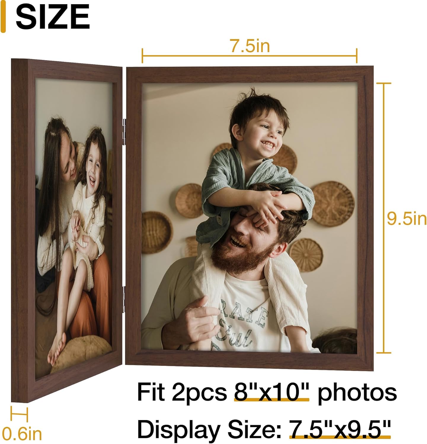 decorUhome Double 8x10 Picture Frame Vertical, Engineered Wood Bifold Photo Frame with Plexiglass for Tabletop Display, 8x10, Brown