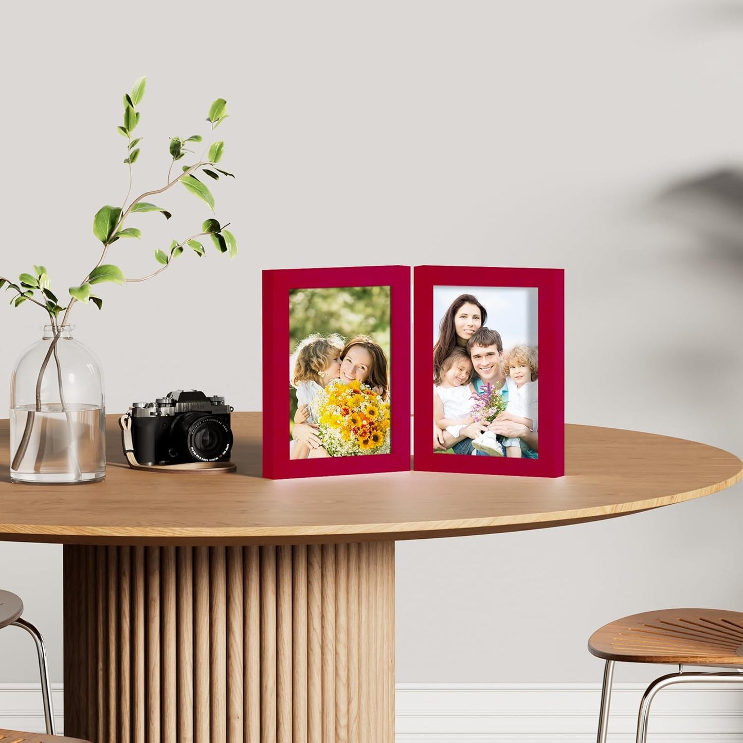 decorUhome Double 5x7 Picture Frame Vertical, Engineered Wood Bifold Photo Frame with Plexiglass for Tabletop Display, 5x7, Red