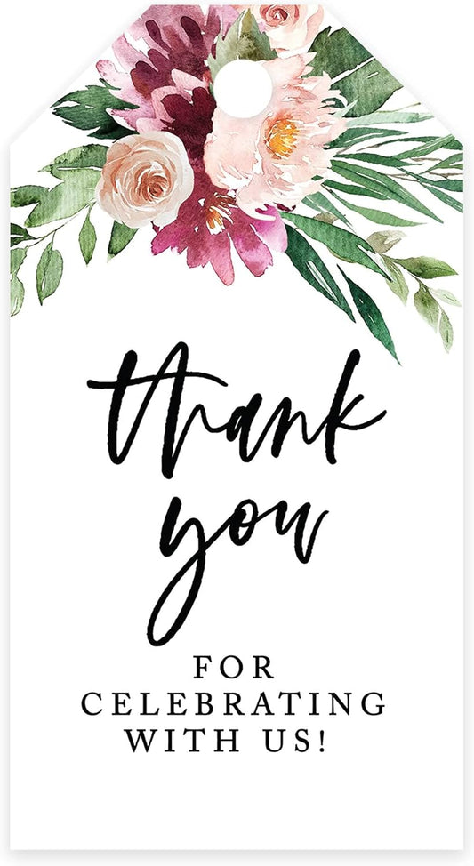 Andaz Press 100-Pack Thank You for Celebrating with Us Favor Tags Spring Watercolor Florals Cardstock Gift Tags with Bakers Twine for Wedding Baby Shower Bridal Shower Party Favors 2 x 3.75-Inches