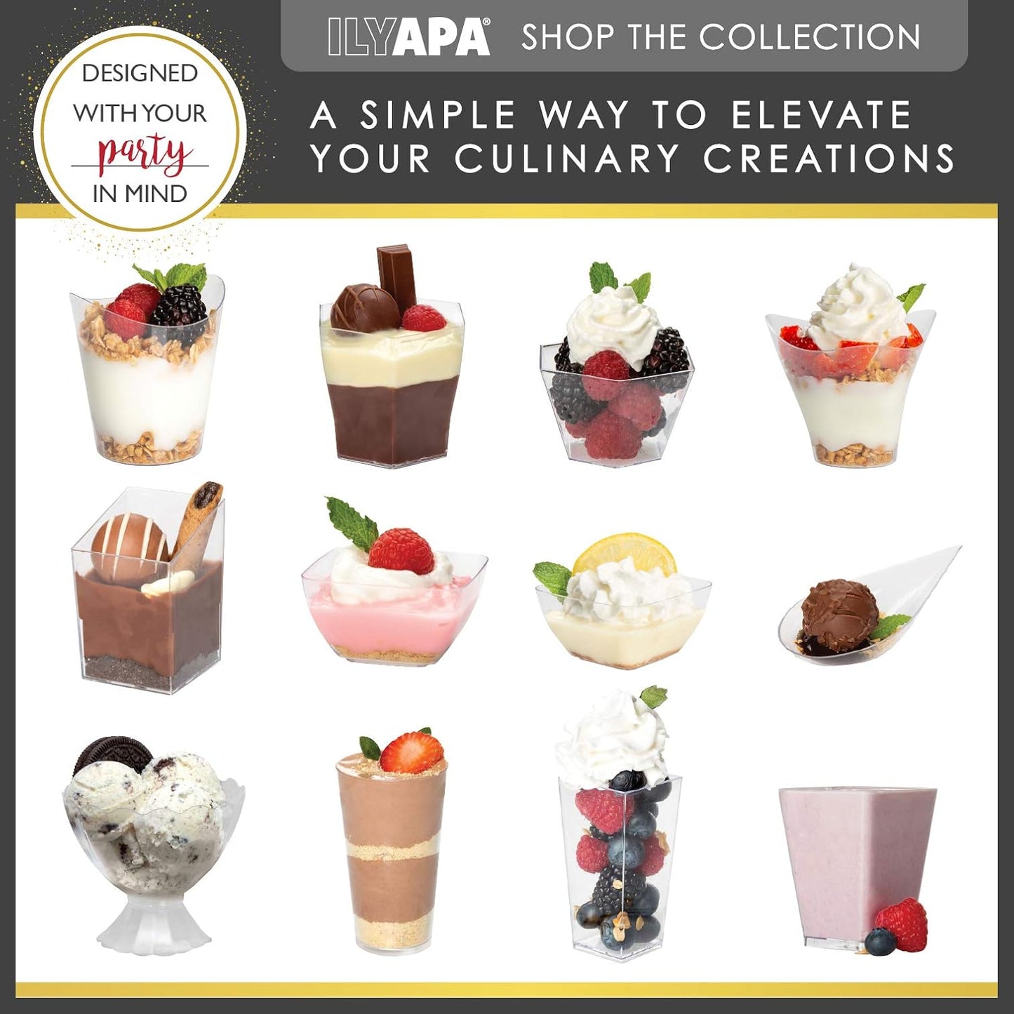 Ilyapa 3oz Plastic Dessert Cups - 100 Pack Mini Dessert Cups with Spoons - Clear Reusable Small Appetizer Cup for Cheesecake Shooters, Chocolate Mousse, Parfait - Party and Catering Supplies - Round