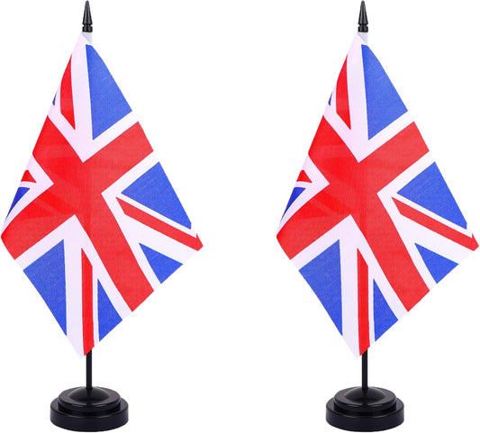 United Kingdom Desk Flag 12" Solid Pole Deluxe Set UK Flags Banner Mini Small Britisher Office Table Flags with Black Stand Base Desktop Decorations(2Pack)