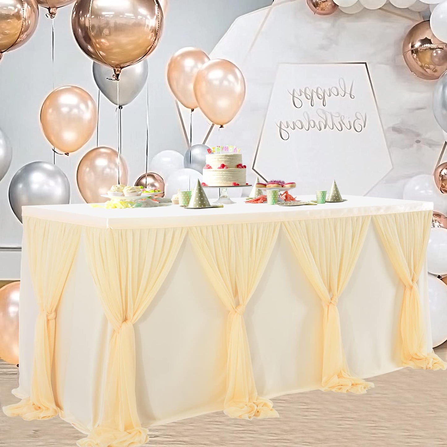 14ft Champagne Table Skirt Tulle Wedding Table Cloth Elegant Tutu Table Skirt Cover for Birthday Party Baby Shower Dessert Buffet Banquet Table Decorations
