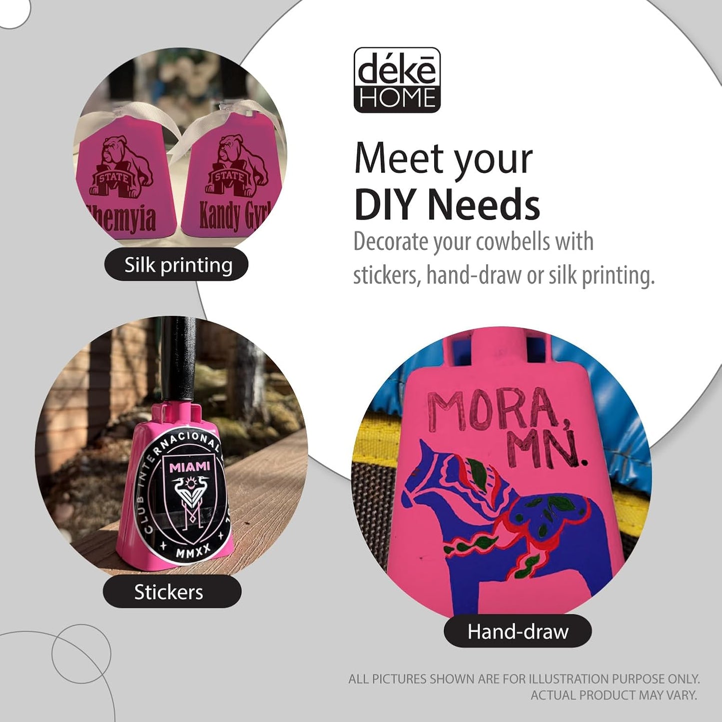 Deke Home - 2 Pack 7 Inch Steel Cowbells with Handle, Loud Noise Makers for Football, Sports, Parties, Competitions, School Spirit & Safety, Large Hand Bell for Cheering & Percussion Instrument