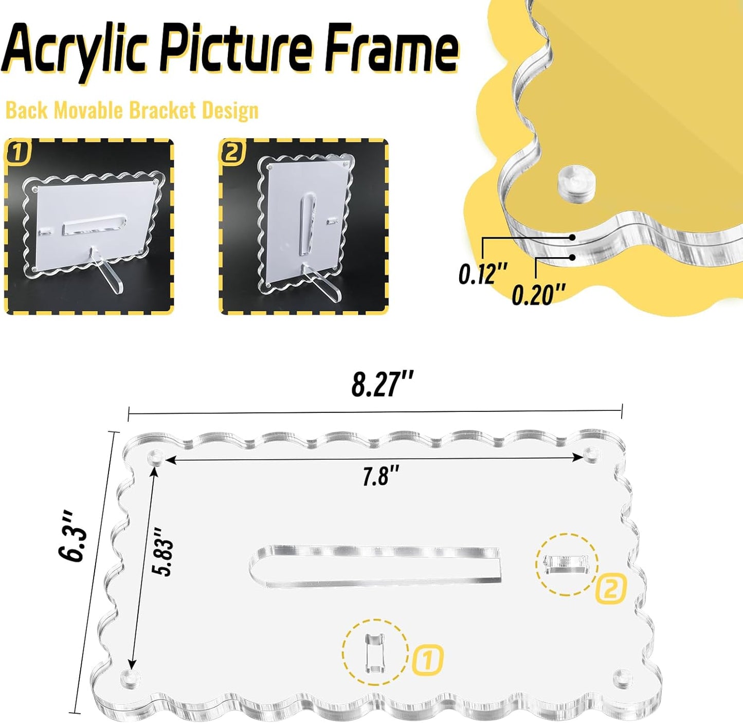 Acrylic Picture Frames 3 Pack 5x7 Scalloped with Detachable Brackets, Vertical and Horizontal Tabletop Display, Clear Magnetic Photo Frames for Home/Party/Wedding
