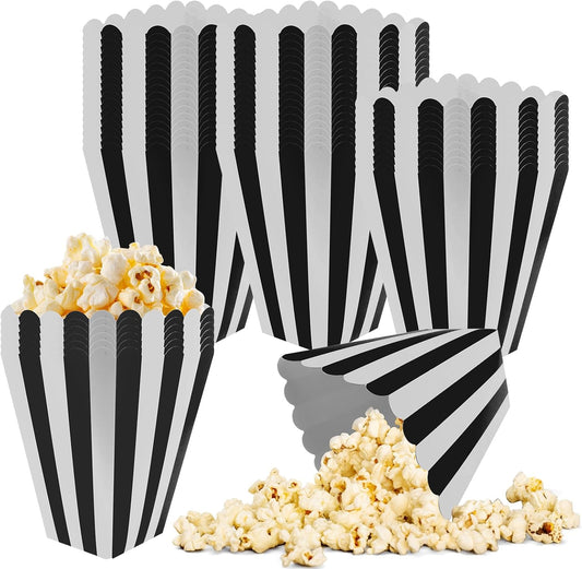 50 Pcs Popcorn Boxes Black and White Striped Cardboard Popcorn Container for Halloween Movie Nights Birthday Wedding(Black,White)