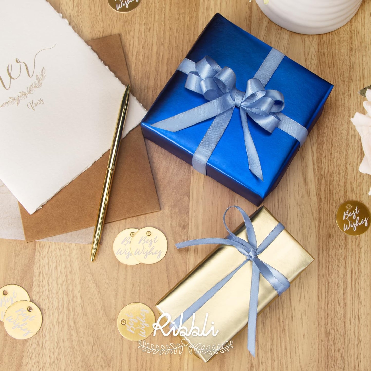 Ribbli Dusty Blue Satin Ribbon Double Faced Satin 1/2 Inch x Continuous 100 Yards-Blue Ribbon for Gift Wrapping Crafts Wedding Decoration Bows Bouquet Floral Arrangement