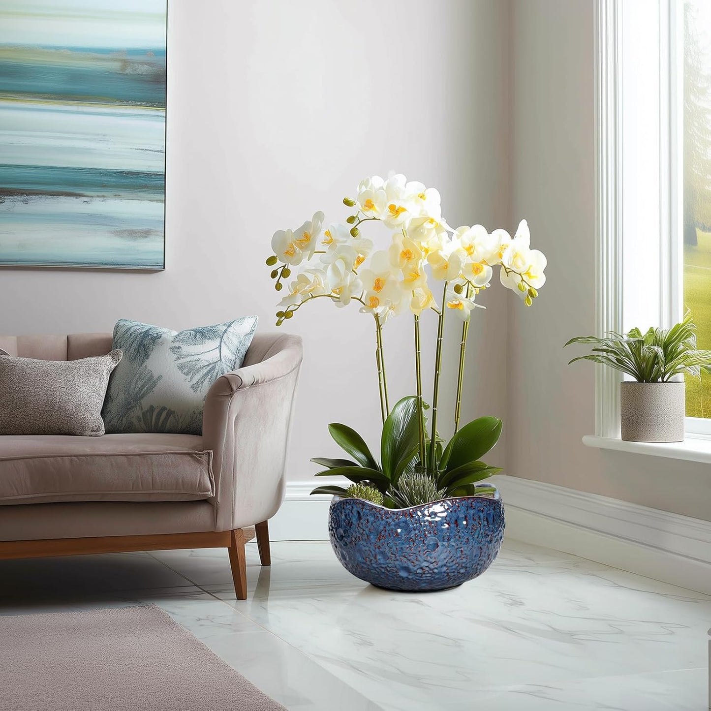 Bonsai Pots - 13 Inch Large Ceramic Planter for Indoor Outdoor, Round Decorative Plant Pots with Drainage Hole, Modern Unique Flower Pots, Patio Decor, Housewarming Gifts, Retro Blue