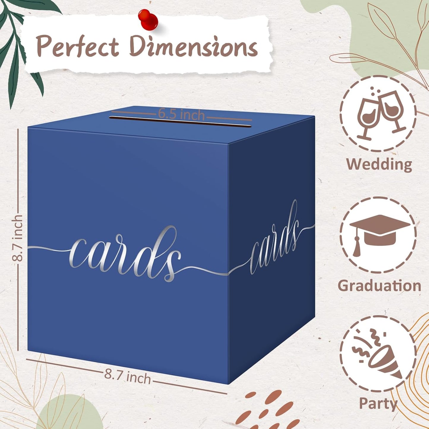 QIKSION Navy Blue Graduation Card Box, Silver Foil Gift Card Box for Graduation, Party, Wedding Reception, Birthday, Baby Shower, Raffle