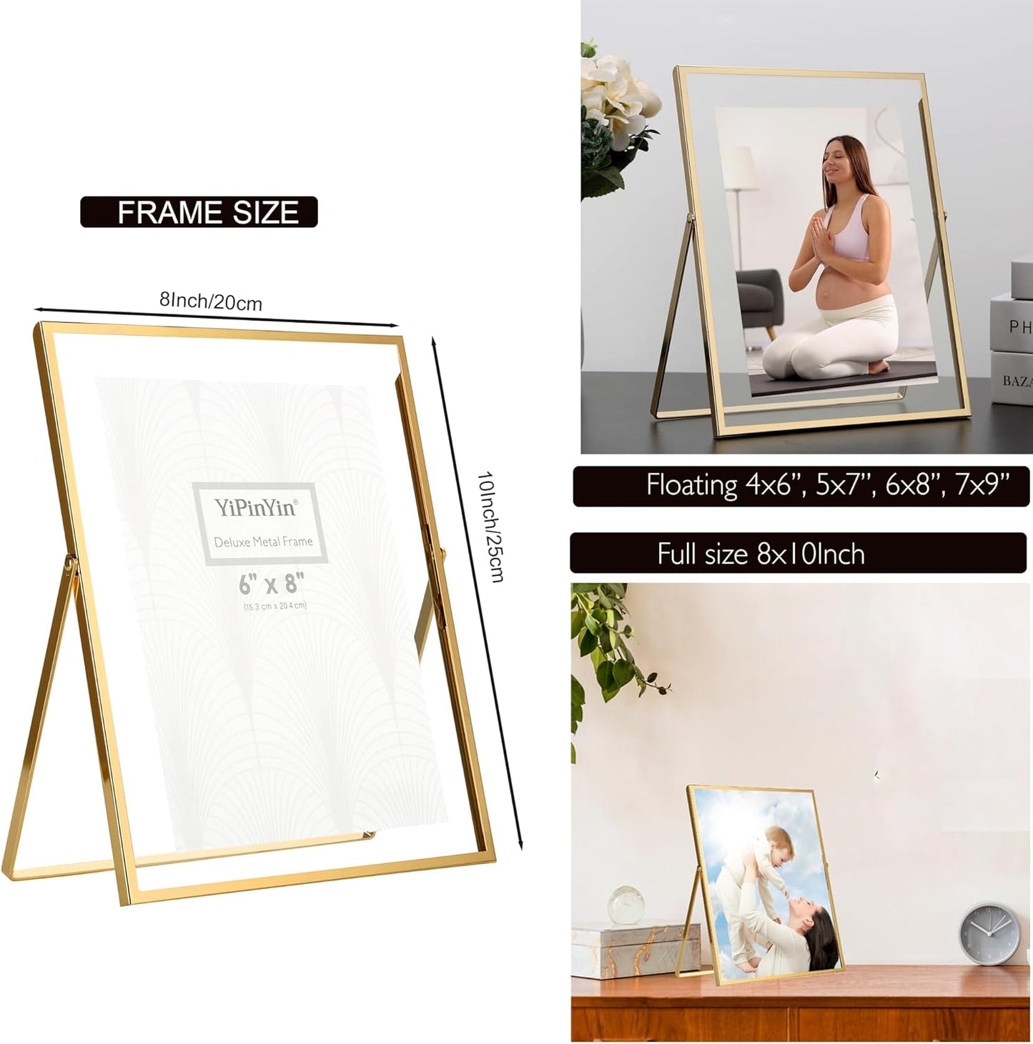 Gold 8x10'' Floating Frame Set of 2,For Photo Sizes (4x 6'',5x7,7x9''), Metal Frames for Tabletop/Shelf Display,Classy Gift Choice for Wedding,Birthady,Home or Office Decor