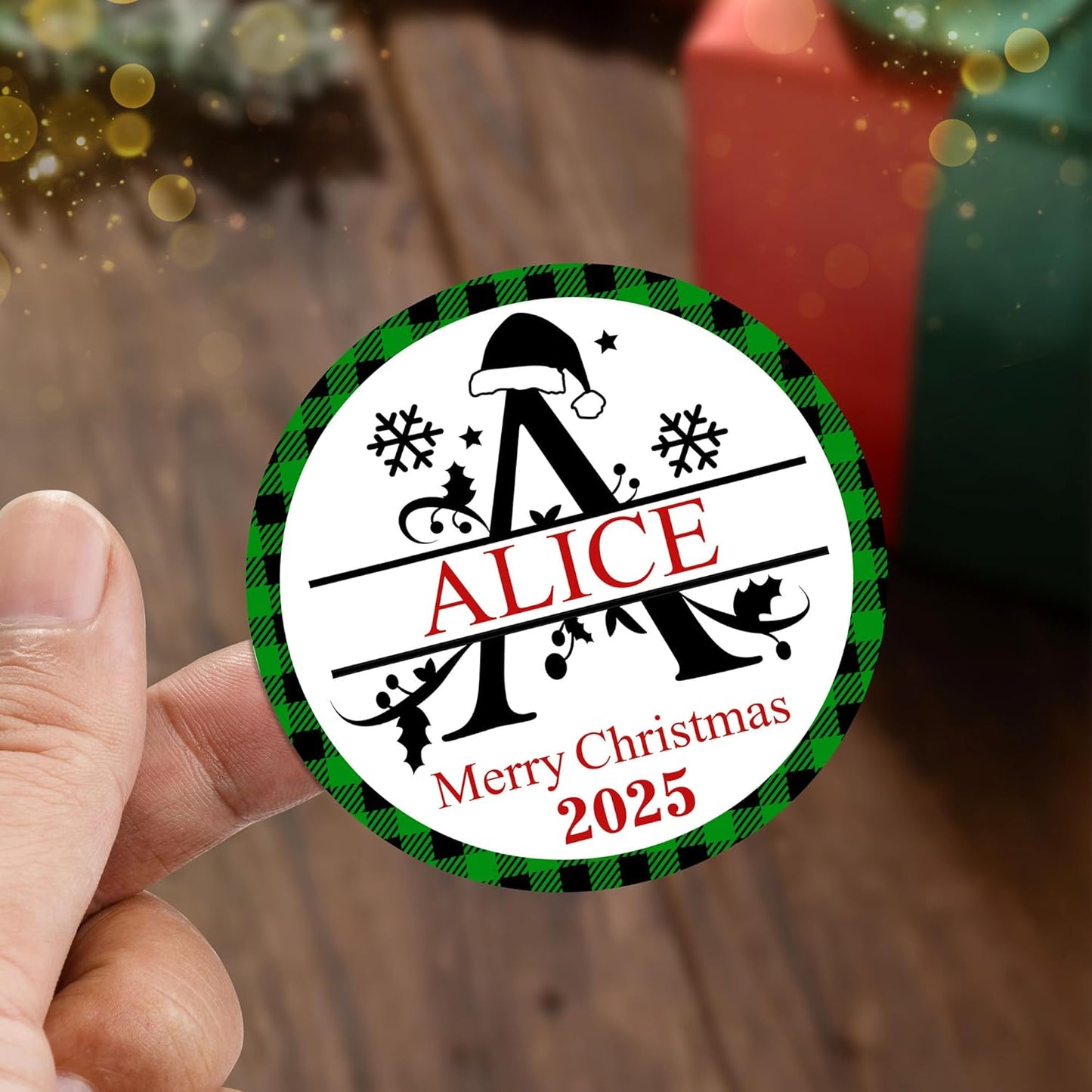 CALLIE Personalized Christmas Stickers with Custom Name, Waterproof Custom Christmas Name Tags Stickers, Peel and Stick Christmas Gift Tags (Christmas Monogram)