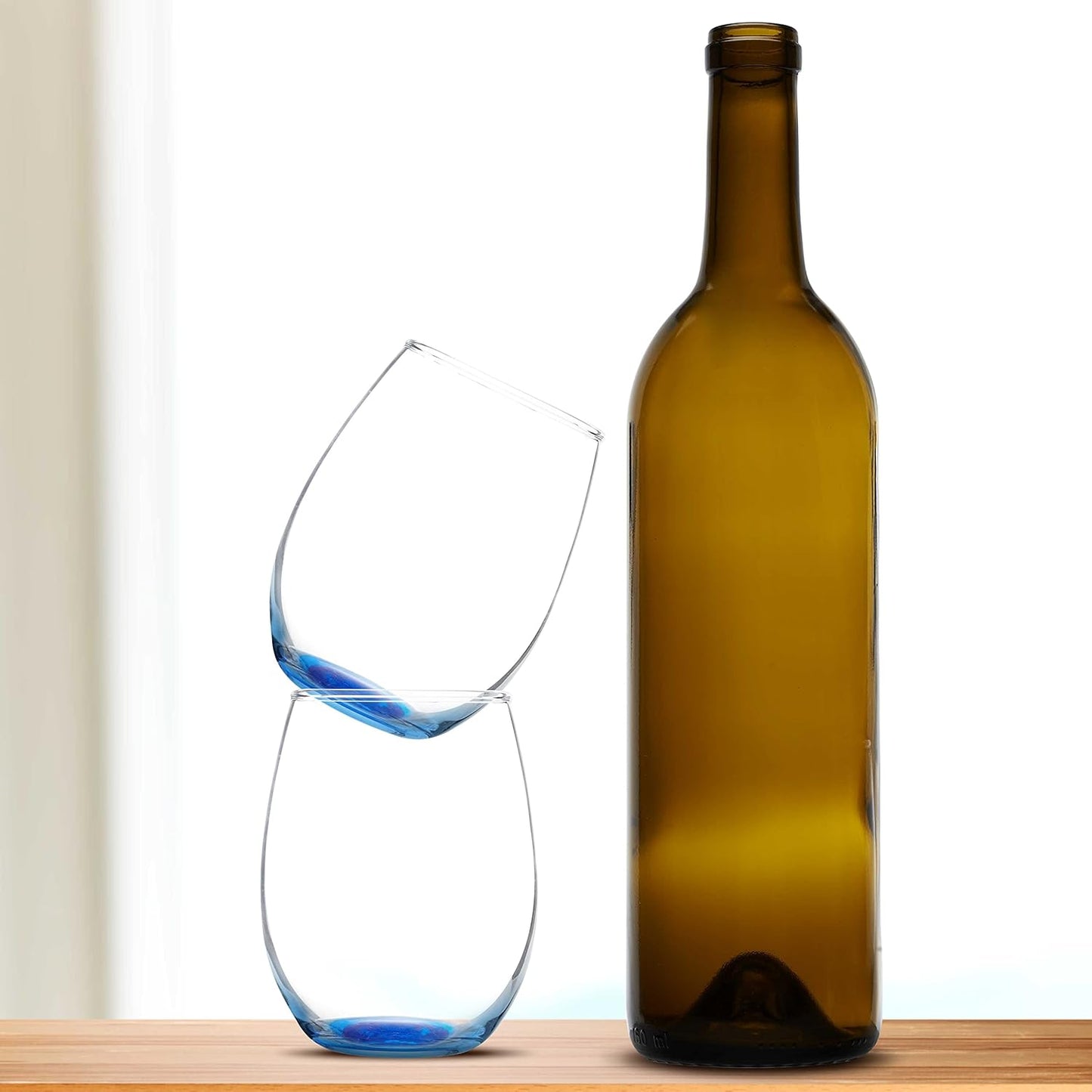 DISCOUNT PROMOS Stemless Wine Glass 9 oz. Set of 10, Bulk Pack - Great for Wedding Favors, Bachelorette Party and More - Blue Bottom Color