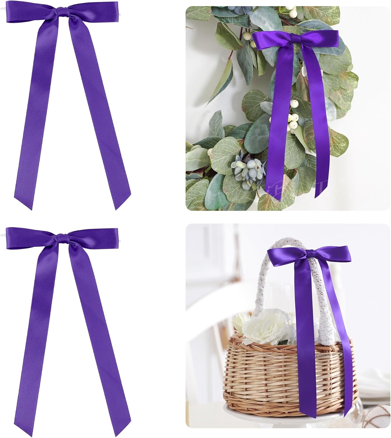 50 PCs Purple Bow Decor 5.5'' Satin Bows with Long Tail, Twist Tie Bows for Craft, Packaging Ribbon Bows, Premade Bows for Cake Decorating, Gift Bows for Treat, Wedding Favor, Party