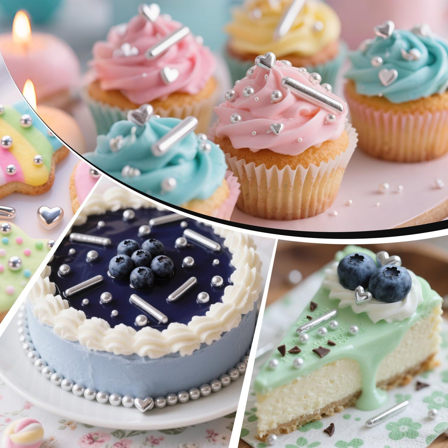 Silver Pearl Rods Heart Sprinkles, Baking Sugar, Silver Sprinkles for Cake, Mix Size, Cupcake Decoration, Holiday, Mother's Day, Wedding Party Supplies