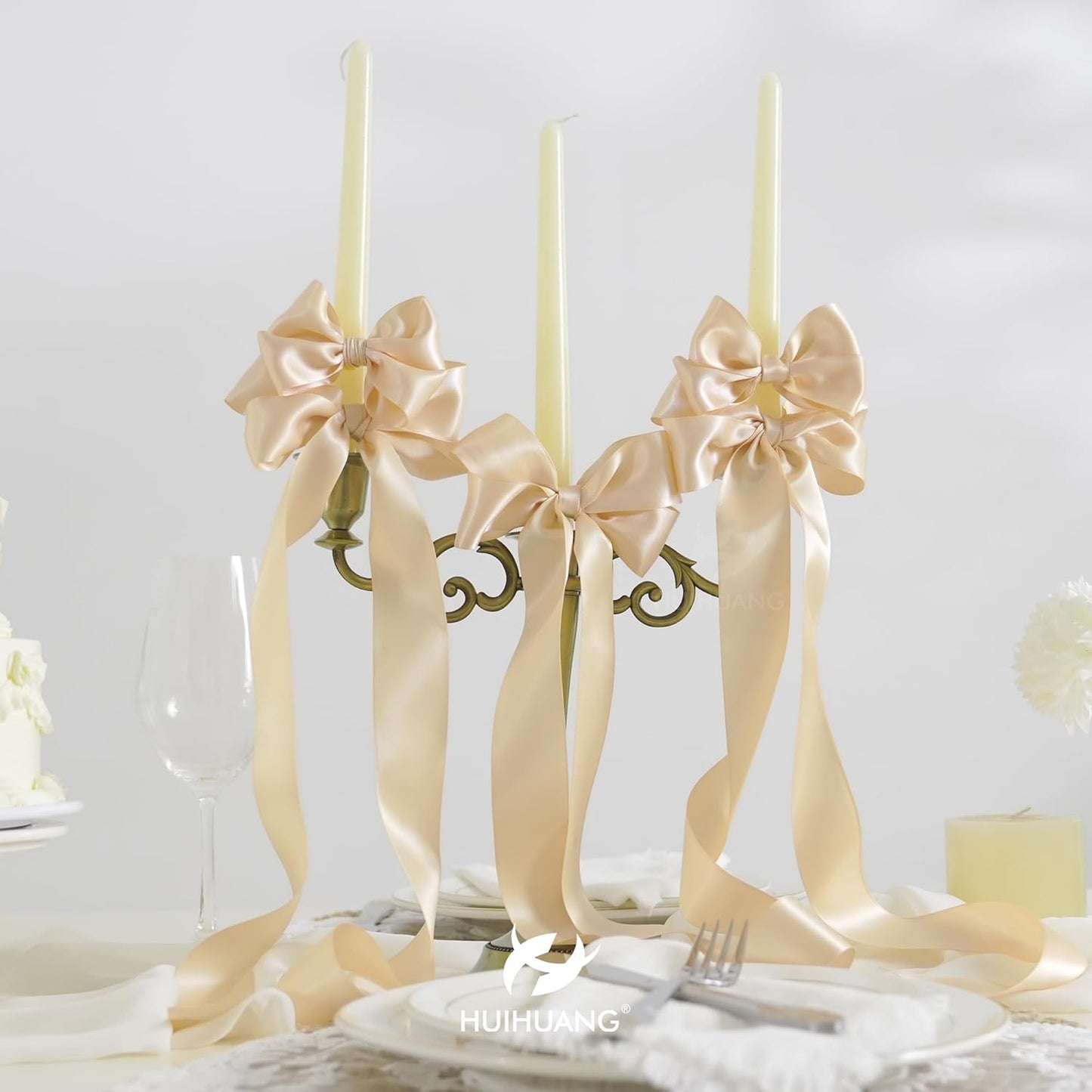 HUIHUANG Champagne Ribbon - Double Face 1.5 inch Wide Satin Ribbon, 50 Yards Silk Satin for Gift Wrapping, Hair Bows, Floral Bouquet, Wedding Invitation Decor, Party Favor Craft Supplies