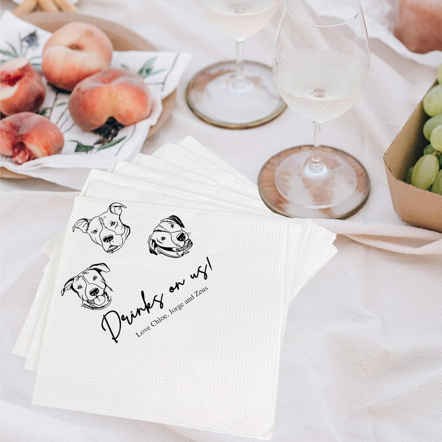 Luxury Customized Illustrated Dog Wedding Napkins, Personalized Photo Napkins for Dog, Custom Wedding Cocktail, Bridal Shower, Engagement Party