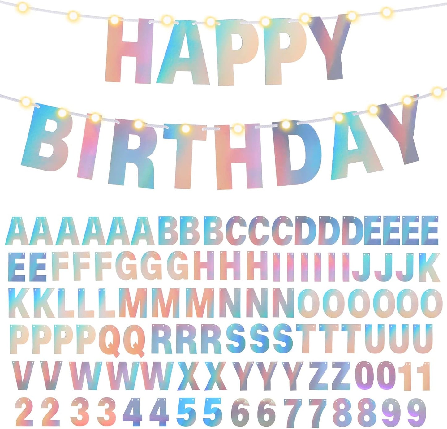 TaoBary 112 Pcs DIY Letter Kit Glitter Customizable Banner Letters Include 107 Letters and Numbers 3 Rope and 2 Needles for Birthday Halloween Christmas Wedding Valentine Party Decor(Holographic)