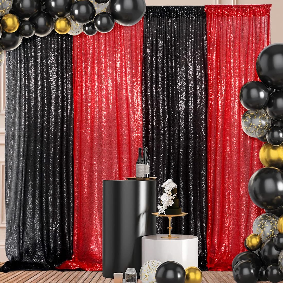 4 Panels Black&Red Sequin Backdrop Curtain 2FTx8FT Glitter Sequin Backdrop Curtains for Birthday Party Wedding Decoration