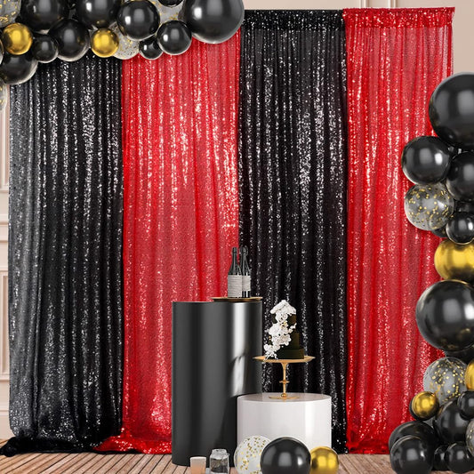 4 Panels Black&Red Sequin Backdrop Curtain 2FTx8FT Glitter Sequin Backdrop Curtains for Birthday Party Wedding Decoration