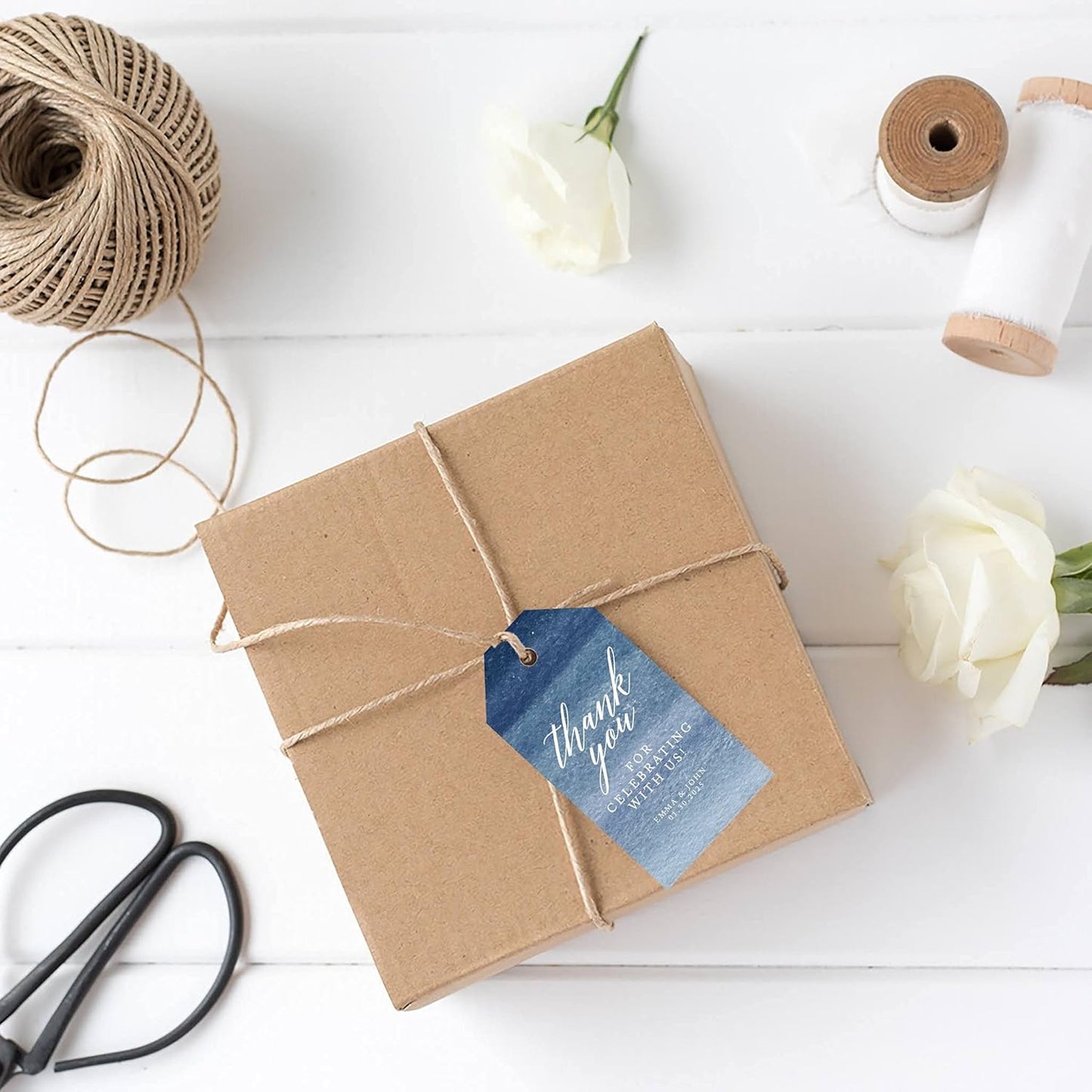 Andaz Press 100-Pack Personalized Thank You for Celebrating with Us Wedding Favor Tags with Bakers Twine Navy Blue Ombre Watercolor Custom Cardstock Wedding Gift Tags for Party Favors 2 x 3.75-Inches