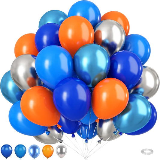 Blue and Orange Balloons, 50 Pcs 12 Inch Orange Royal Blue Metallic Silver Balloons with Ribbons for Birthday Party Wedding Baby Shower Graduate Decorations