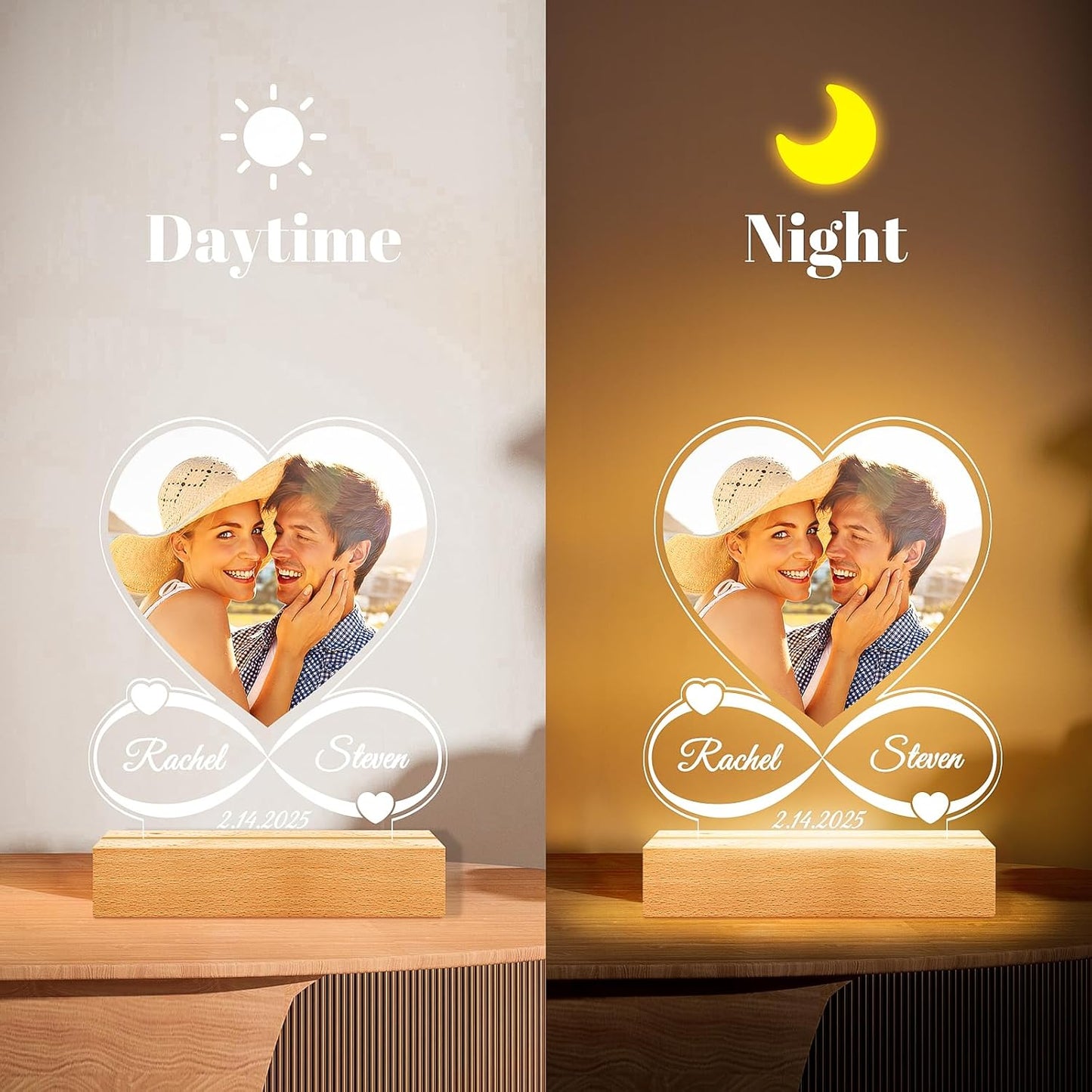 Custom Picture Frames with Photo, Customized Photo Frame with Night Light, Personalized Picture Frame, Personalized Anniversary Birthday Gifts for Women Men Him Her Girlfriend Boyfriend Couples
