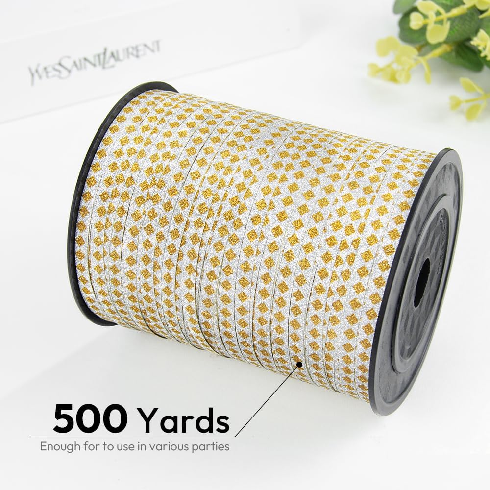 Square Pattern Glitter Curling Ribbon, 1/5" Wide x 500 Yards Christmas Curling Ribbons for Gift Wrapping, Party Decoration, Balloon String, Crafting, Balloon Ribbons for Florist Flower (1 Roll)