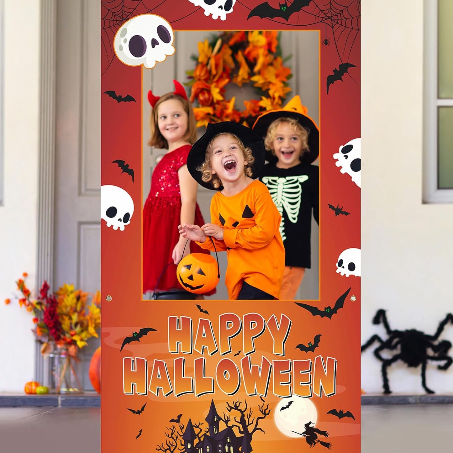 Halloween Photo Booth Props Frame Party Decorations 35 x 73Inch Halloween Picture Backdrop for Birthday Party Supplies Indoor Outdoor Decor (Orange)