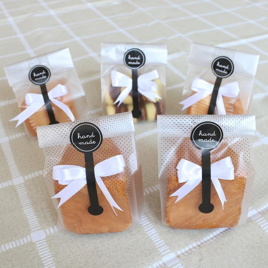 Cookie Bags for Packaging, Searik Translucent Plastic Cellophane Pastry Treat Bags for Party Gift Giving Bakery Bread Candy Chocolate Wrapping Goods with Stickers and Ribbon (3.5 x 8.8 Inches, 80 Pcs)