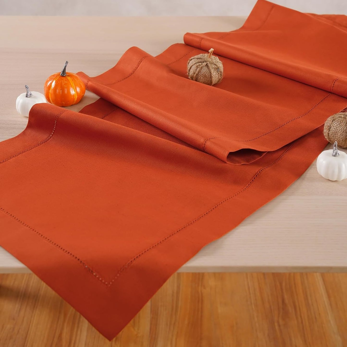 Pumpkin Table Runner 48 Inch– Cotton Linen Hemstitch Farmhouse Table Runner 14x48 – Washable Fabric for Dining, Fall, Halloween, Thanksgiving, Spring, Summer, Wedding, Everyday Décor– Serena