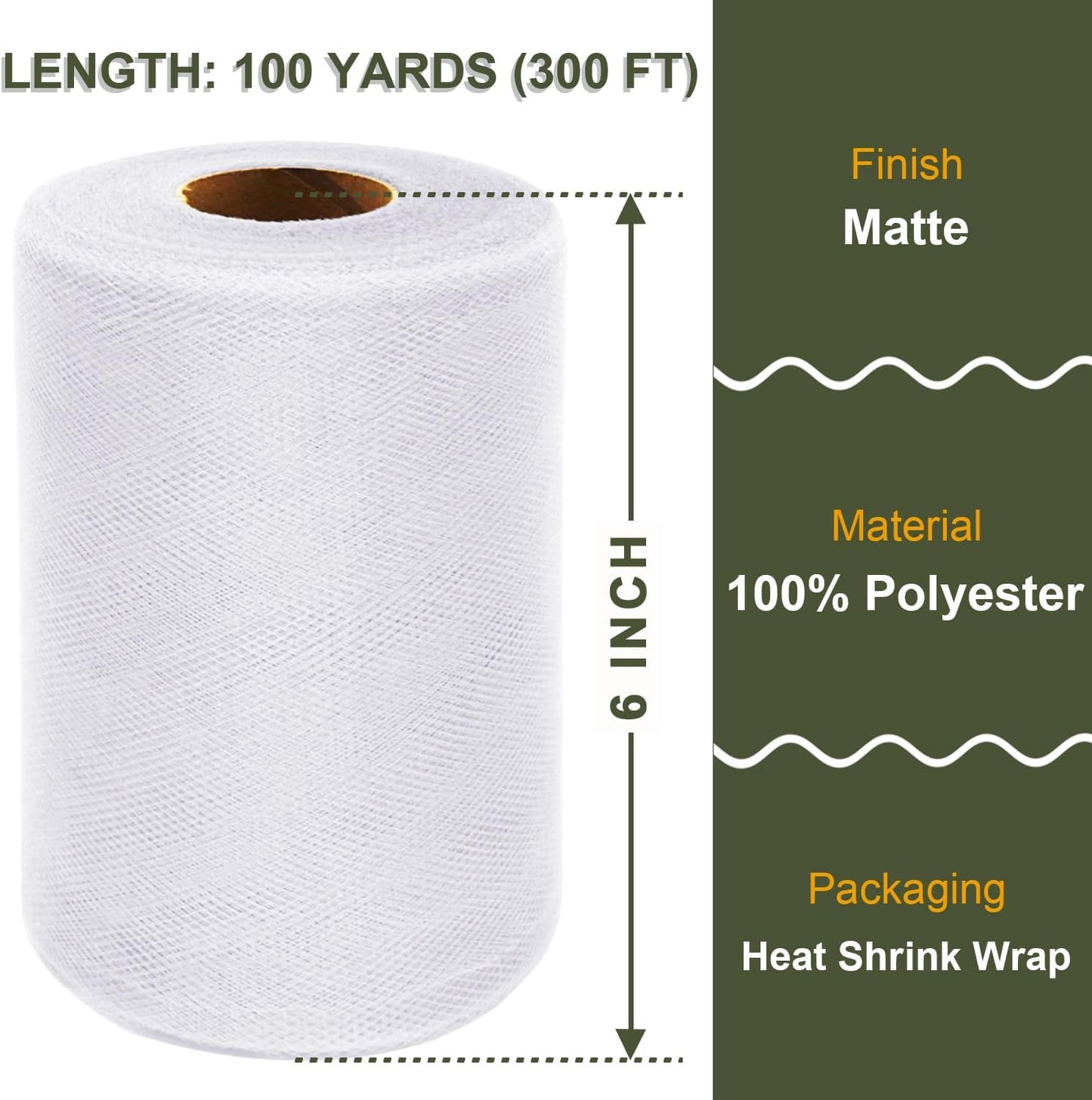 White Tulle Fabric Roll 6 Inch X 300 FT (100 Yards) Matte Tulle Ribbon Netting Mesh Spool for DIY Tutu Skirt Wedding Bow Gift Wrapping Baby Shower Christmas Party Halloween Decorations