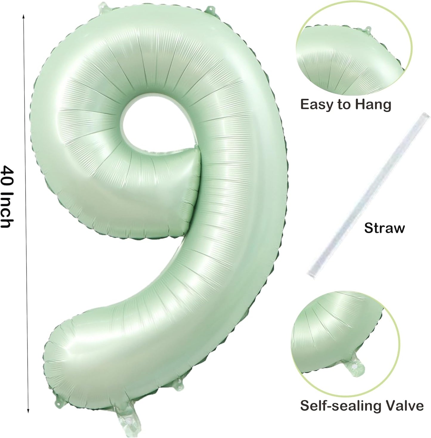 40 Inch Olive Green Number 9 Balloon Big Self Inflating Foil Number Balloons 0-9,Light green Digital 9 Helium Balloon for 9th 19th Girls Birthday Graduation Anniversary Party Decoration