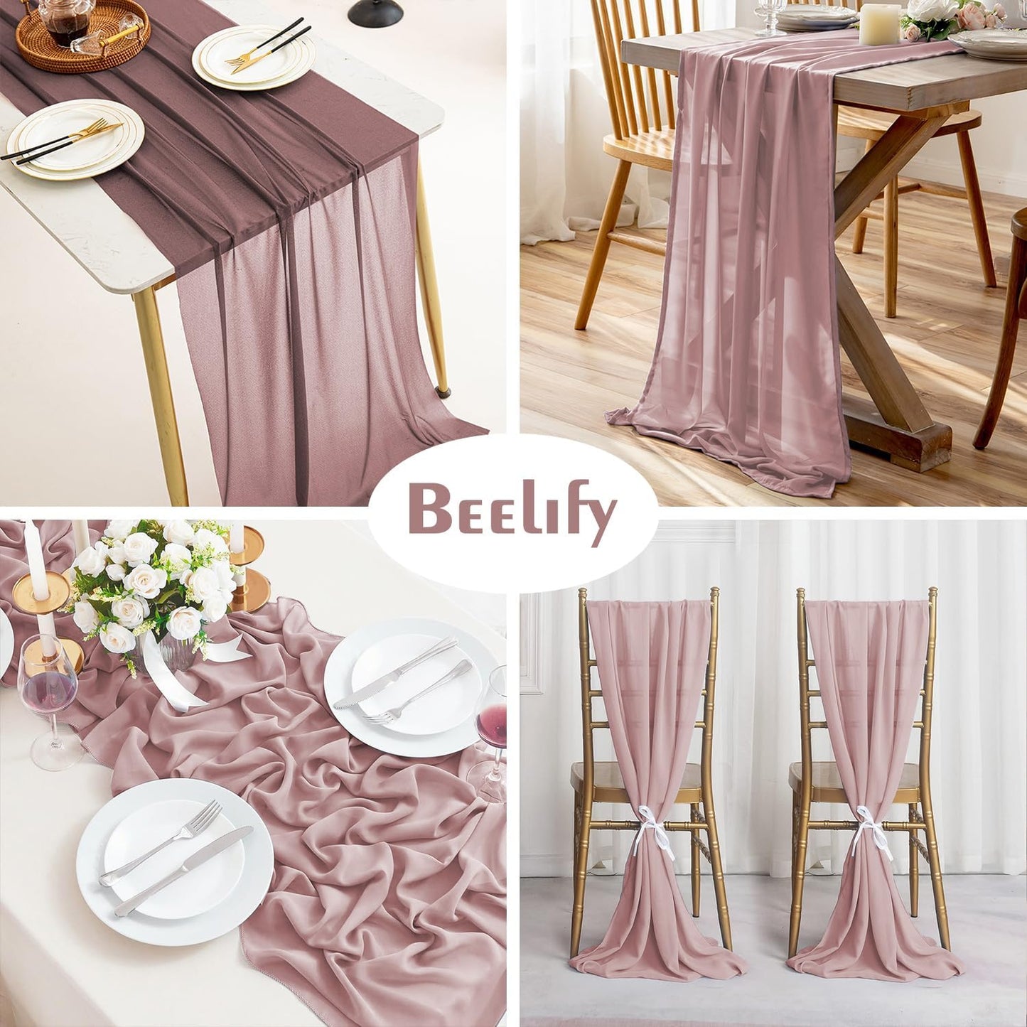 2 Pack 10 Ft Chiffon Table Runner Dusty Rose Gauze Long Table Runners 27x120 Inches Sheer Tulle Table Runner for Rustic Wedding Reception Bridal Shower Decorations Birthday Party