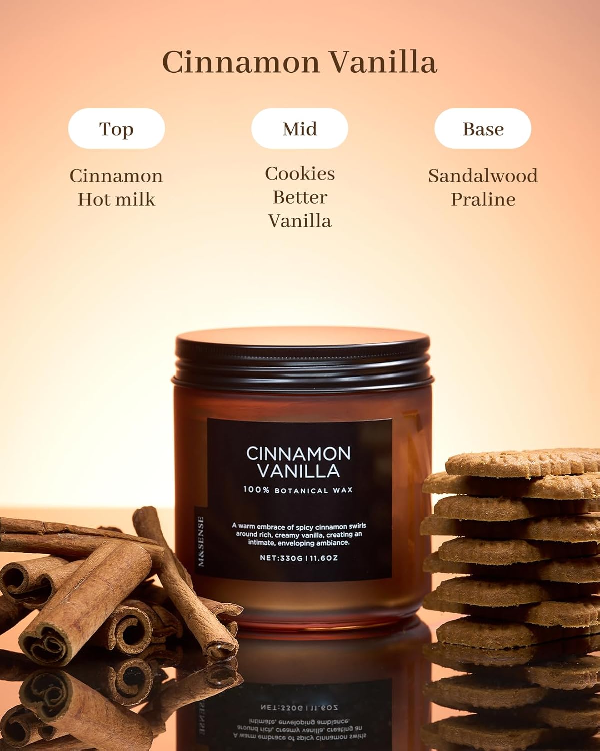 M&SENSE Cinnamon Vanilla Fall Scented Candles for Home, Natural Soy Wax 11.6oz 70 Hours Large Long Lasting Strong Scented Classic 2 Wicks Jar Candle Gift for Housewarming