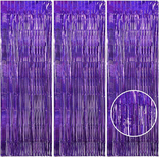 TONIFUL 3Pcs Laser Purple Door Streamers,Laser Purple Photo Booth Backdrop Metallic Streamers Foil Fringe Curtains for Halloween,Birthday,Christmas,New Year,Bachelorette,Grad Party(9.9ft x 6.6ft)