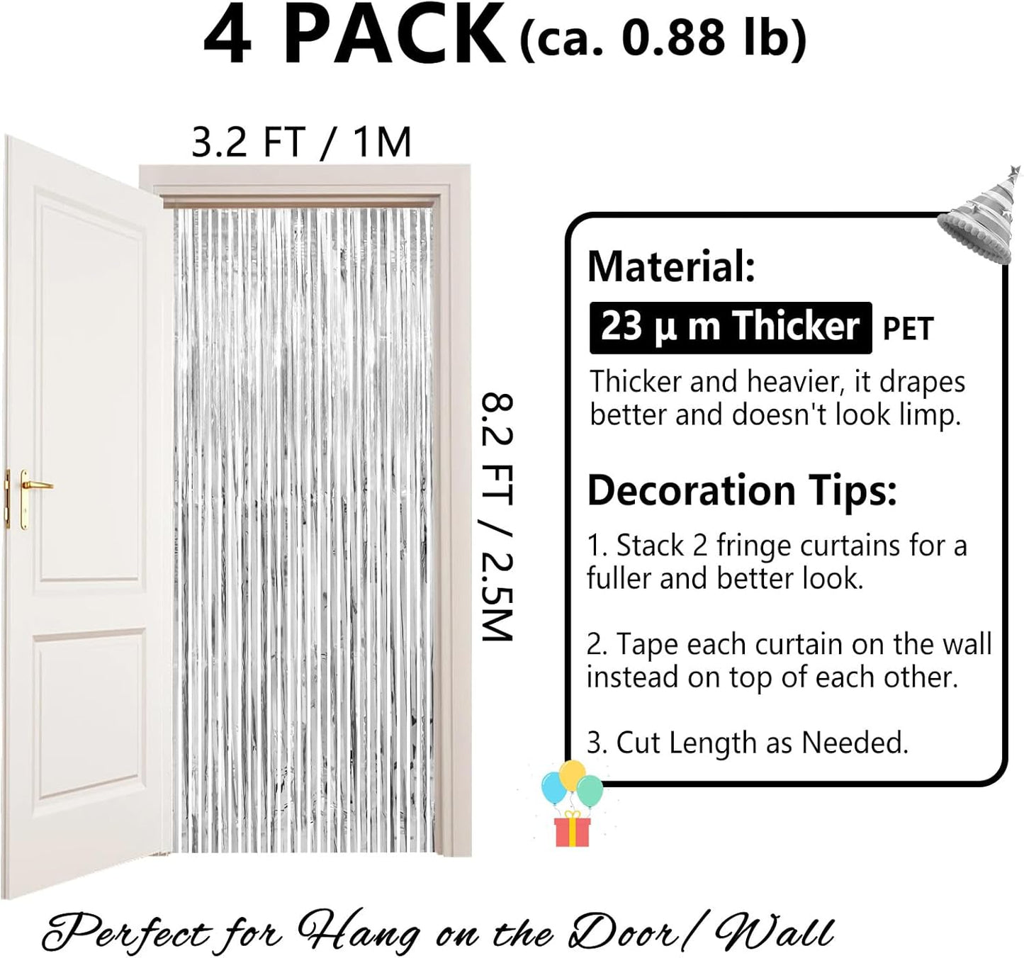 Christmas Decorations Silver Streamers Thicken 4 Pack 3.2 x 8.2 FT, Silver Tinsel Foil Fringe Backdrop Curtains, Photo Booth Props for Birthday, Bachelorette, Prom, Engagement, Disco Party Decorations