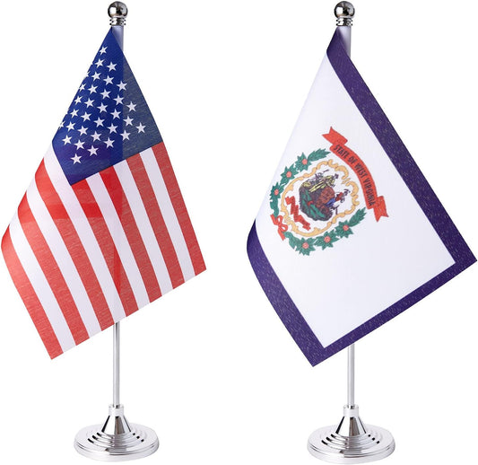 ZXvZYT 2 Pack American US West Virginia flag USA West Virginia WV State table flag,Small Mini United States Desk Flags With Stand Base,for U.S. States Party Events Celebration Decorations Supplies