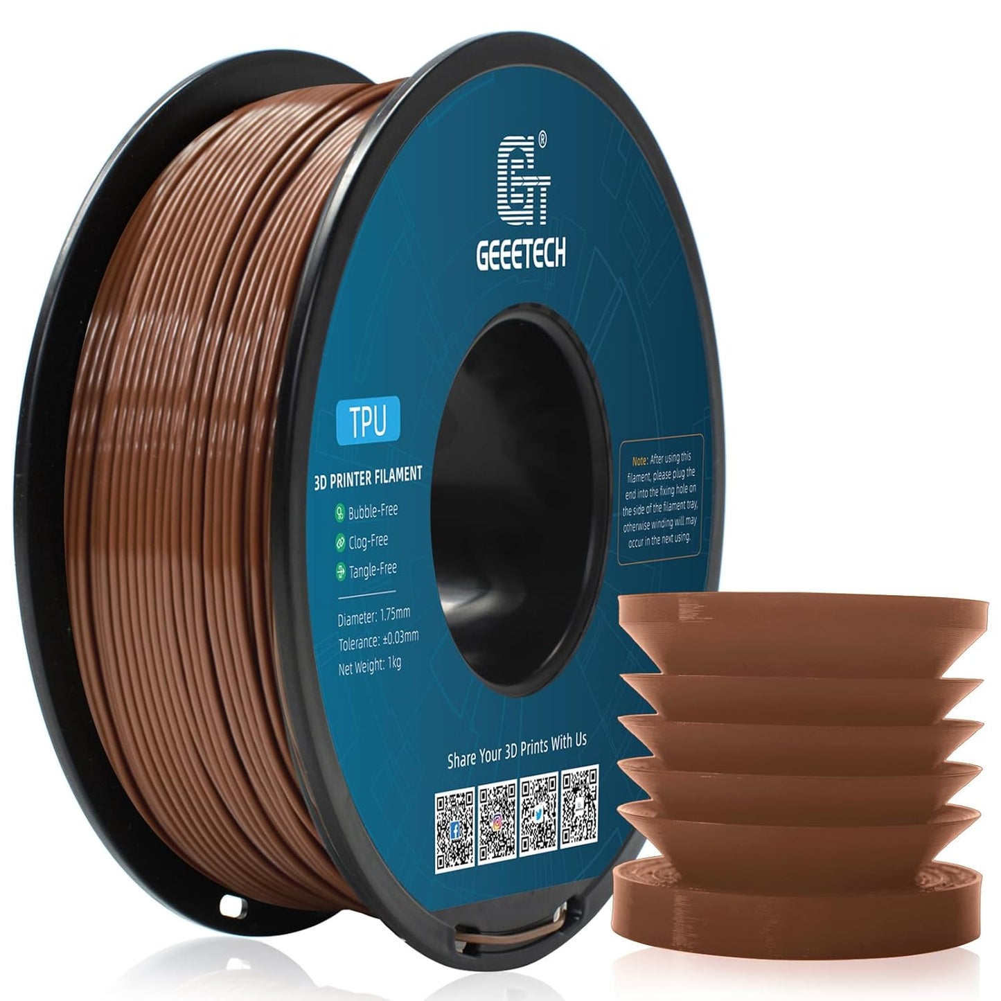 Geeetech TPU Filament 1.75mm, Shore 95A – Flexible 3D Printer Filament with High Elasticity, 1KG (2.2lbs) Spool, Dimensional Accuracy ±0.03mm, Fits Most FDM Printers (Brown)