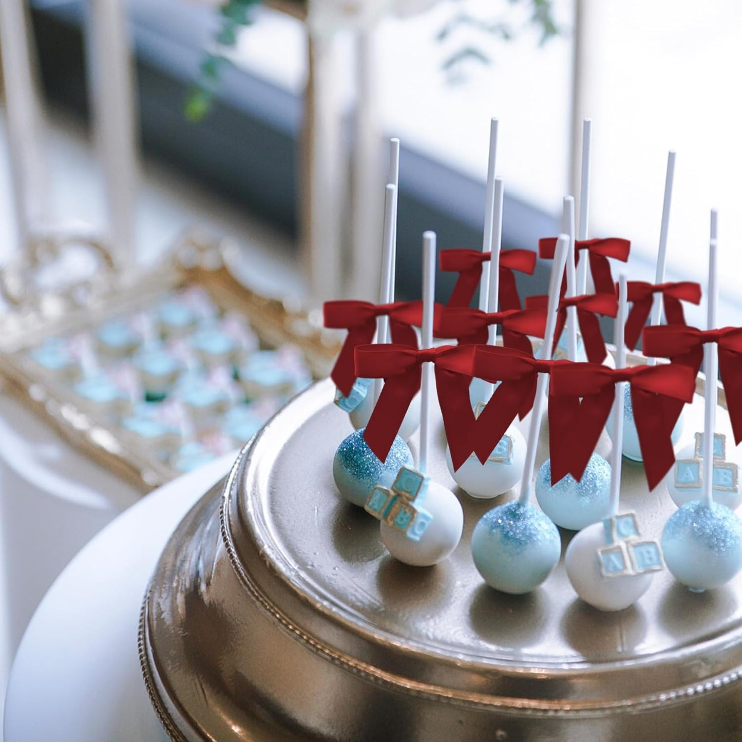 50Pcs Wine Red Twist Tie Bows for Gift Wrapping 2.5" Satin Ribbon Bow for Treat Bags Cake Balloons Birthday Party Favors Wedding Decorations