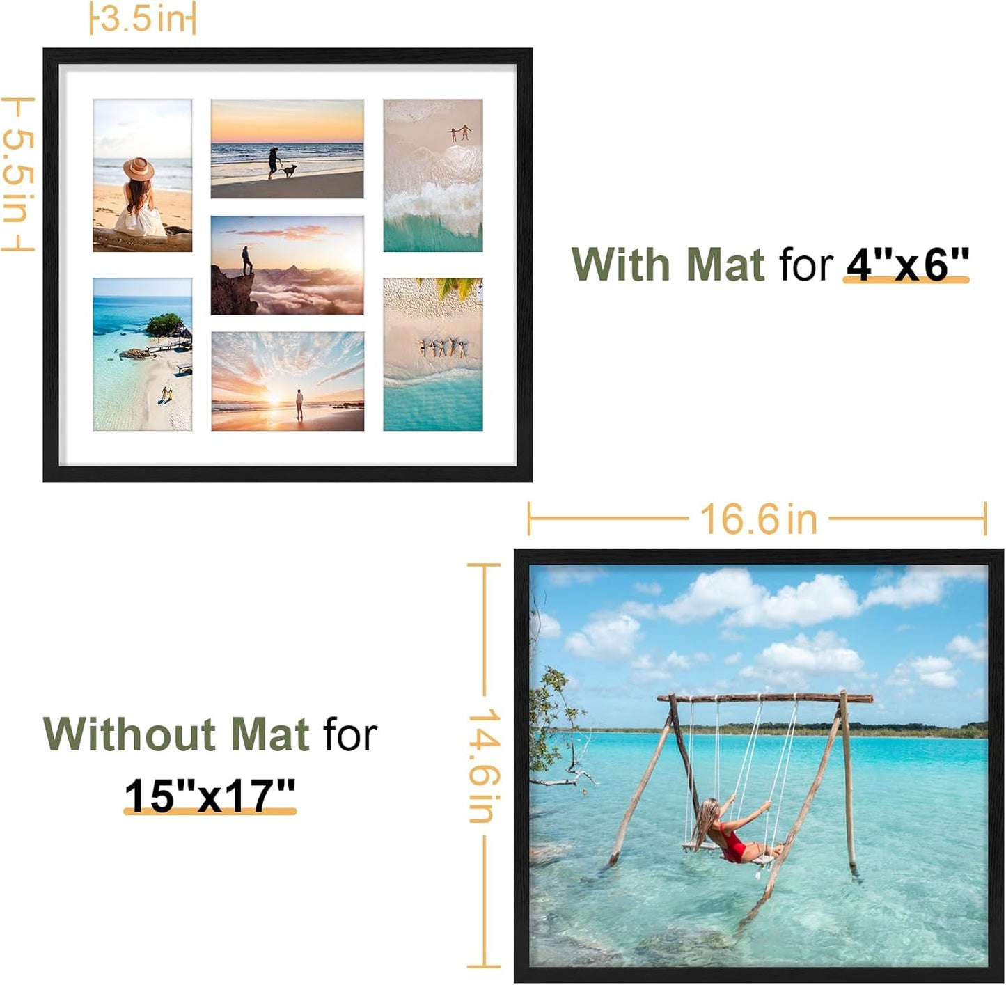 Vittanly 15x17 Collage Picture Frame, Displays 7Pcs 4x6 Pictures with Mat, Picture Frames Collage Wall Decor for Horizontal or Vertical Display, Black, 1 Pack