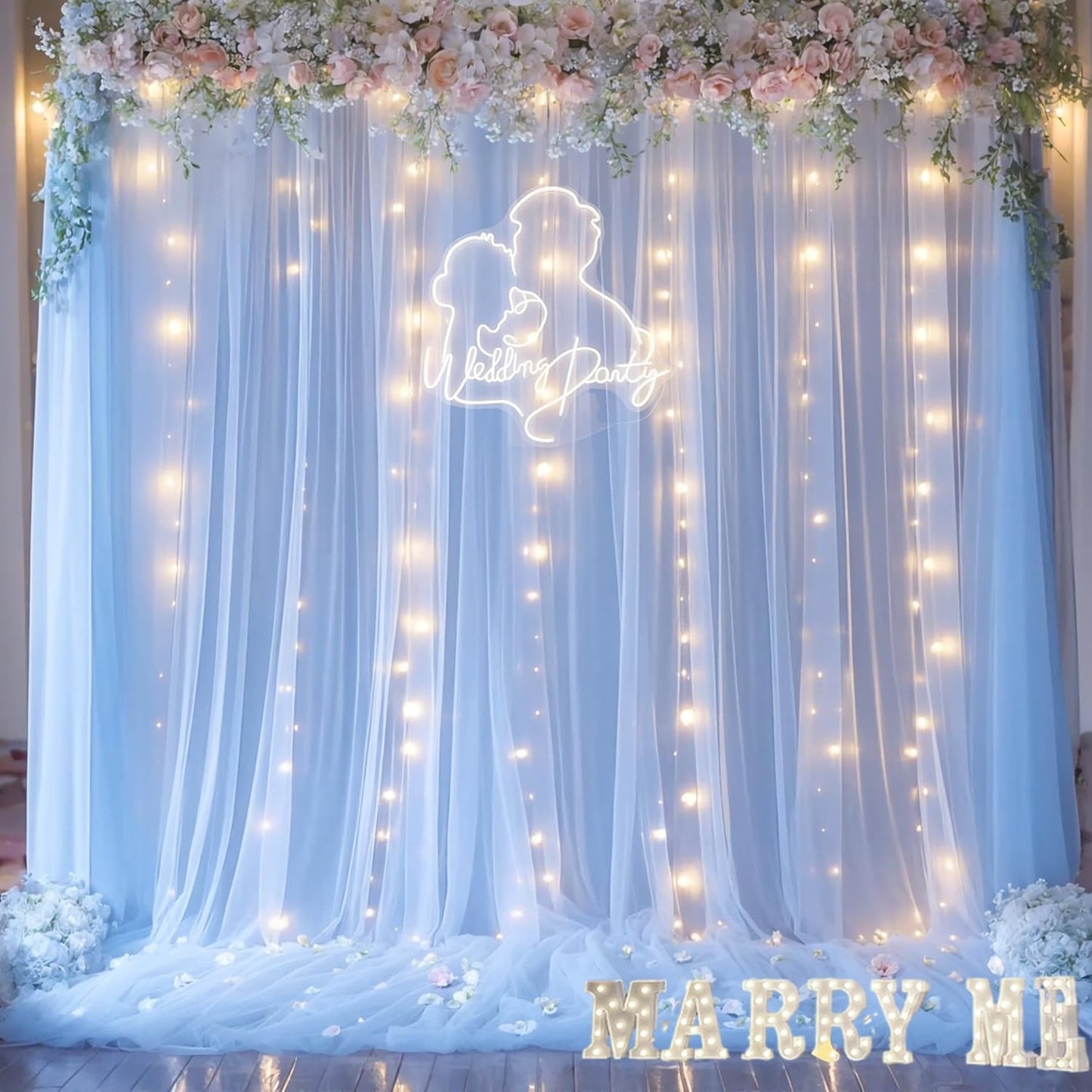 Baby Blue Backdrop Curtains with Lights String for Baby Shower Parties 2 Panels 5×10ft Sheer Tulle Backdrop Curtain Panels for Birthday Party Bridal Shower Photo Shoot Background Wall Decorations